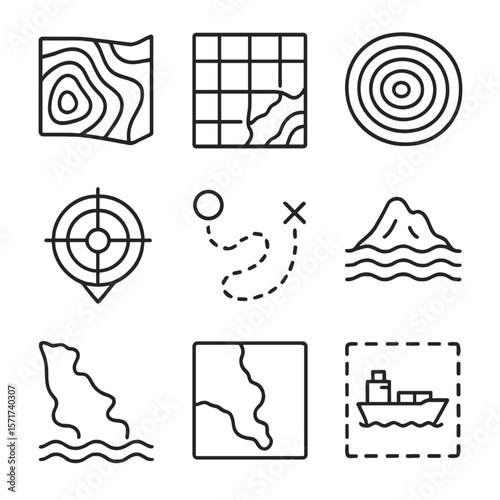 Ocean Mapping Icons. Outline style icons of Ocean Mapping: underwater contour map, nautical grid, sea depth lines, bathymetry icon