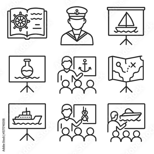 Maritime Education Icons. Outline style icons of Maritime Education: nautical training book, sea cadet, sailing school icon,