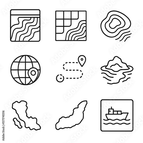Ocean Mapping Icons. Outline style icons of Ocean Mapping: underwater contour map, nautical grid, sea depth lines, bathymetry icon