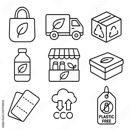 Eco-Friendly Shopping Icons. Outline style icons of Eco-Friendly Shopping: reusable bag, green delivery truck, recycled package,