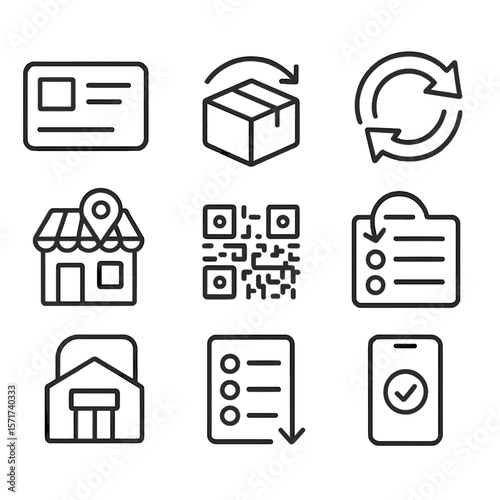 Order Return Icons. Outline style icons of Order Return and Exchange: return label, product box with arrow, exchange icon, refund