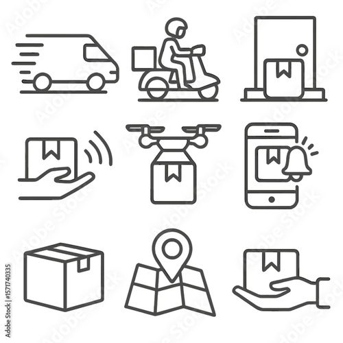 Delivery Icon Set. Outline style icons of Delivery Services: fast delivery van, scooter courier, package on doorstep, contactless