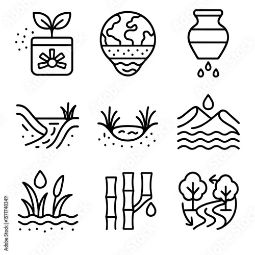 Environmental Filtration Icons. Outline style icons of Environmental Filtration Solutions: plant-based purifier, earth-layer