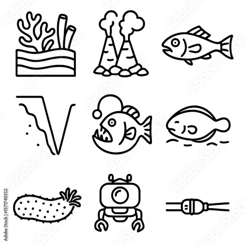 Submarine Life Icons. Outline style icons of Submarine Life: coral reef layers, deep sea vents, abyssal fish, trench drop,