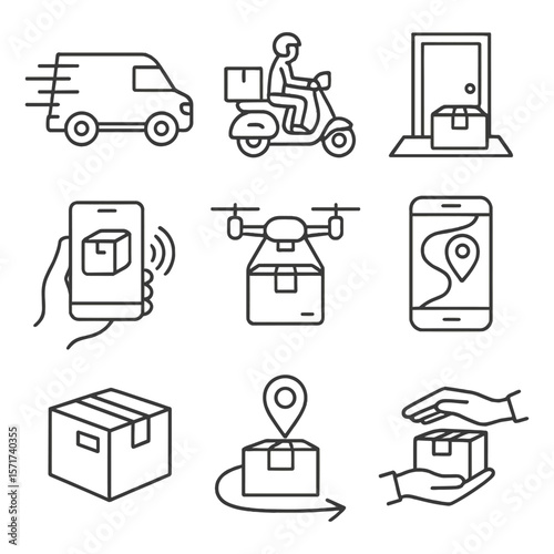 Delivery Icon Set. Outline style icons of Delivery Services: fast delivery van, scooter courier, package on doorstep, contactless