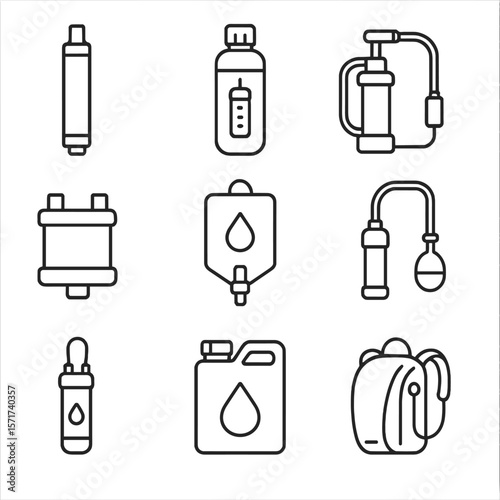Portable Water Filter Icons. Outline style icons of Portable Water Filters: filter straw, water bottle with filter, portable