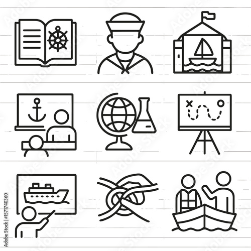 Maritime Education Icons. Outline style icons of Maritime Education: nautical training book, sea cadet, sailing school icon,