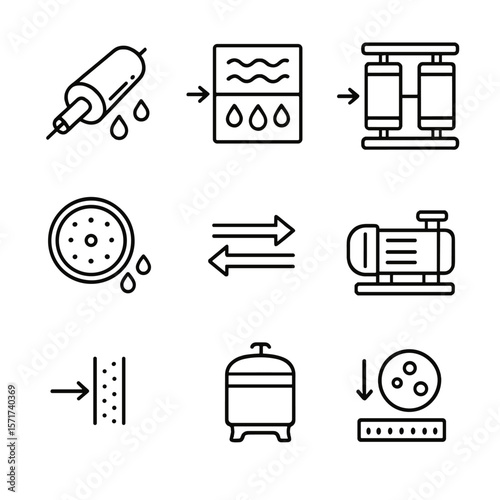 Filtration Icons Overview. Outline style icons of Advanced Filtration Methods: reverse osmosis membrane, ultrafiltration icon,