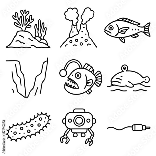 Submarine Life Icons. Outline style icons of Submarine Life: coral reef layers, deep sea vents, abyssal fish, trench drop,