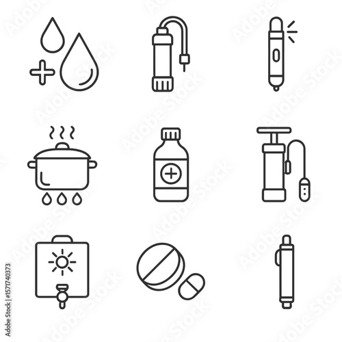 Emergency Water Purification Icons. Outline style icons of Emergency Water Purification: chlorine drops, survival filter icon, UV