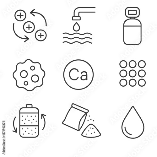 Water Softening Icons. Outline style icons of Water Hardness Control: ion exchange icon, scale buildup removal, softener tank,