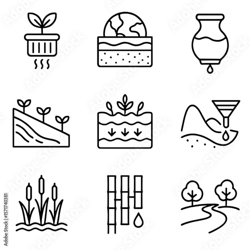 Environmental Filtration Icons. Outline style icons of Environmental Filtration Solutions: plant-based purifier, earth-layer