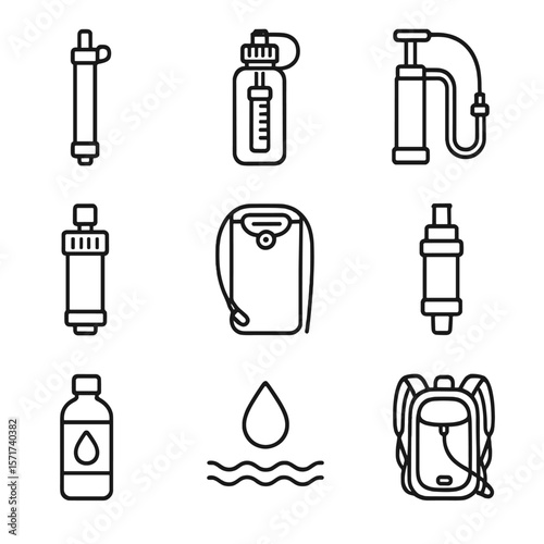 Portable Water Filter Icons. Outline style icons of Portable Water Filters: filter straw, water bottle with filter, portable