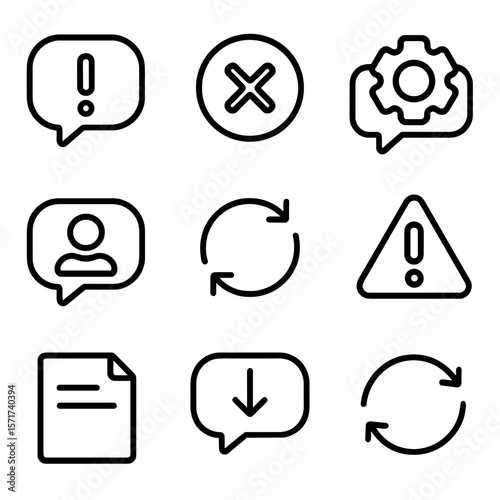 Interface Message Icons. Outline style icons of Interface Message Icons: system alert bubble, error response, settings update