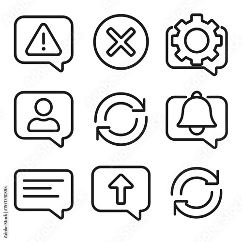 Interface Message Icons. Outline style icons of Interface Message Icons: system alert bubble, error response, settings update