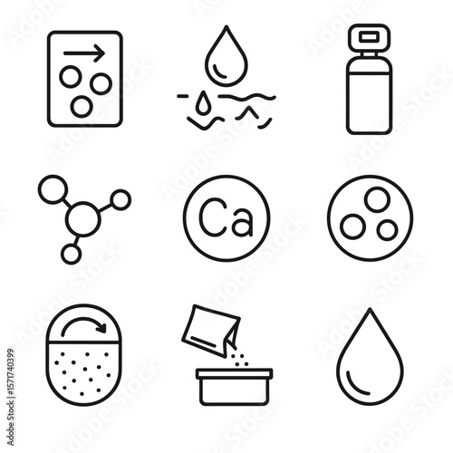 Water Softening Icons. Outline style icons of Water Hardness Control: ion exchange icon, scale buildup removal, softener tank,
