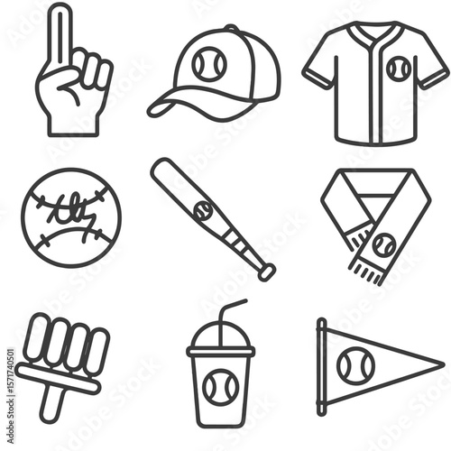 Baseball Fan Gear Icons. Outline style icons of Baseball Fan Gear: foam finger, cap with logo, player jersey, autograph ball,