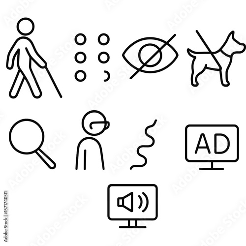 Visual Impairment Icons. Outline style icons of Visual Impairment Accessibility: person with white cane, braille dots, eye with