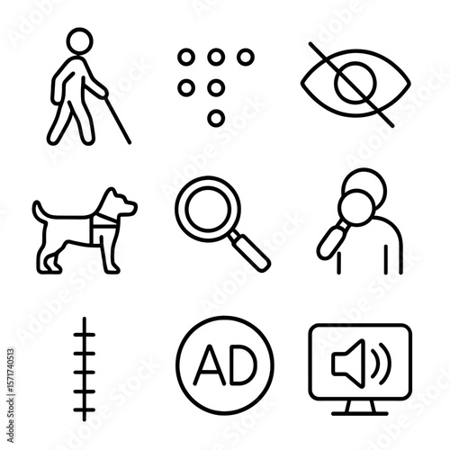 Visual Impairment Icons. Outline style icons of Visual Impairment Accessibility: person with white cane, braille dots, eye with
