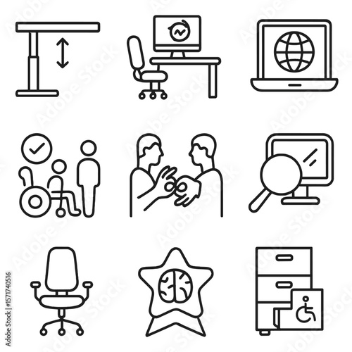 Workplace Accessibility Icons. Outline style icons of Workplace Accessibility: height-adjustable desk, assistive workstation,