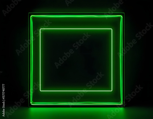 Glowing green neon rectangular frame on dark background with clean and modern styling for product display and copy space long title Glowing green, glowing green screen