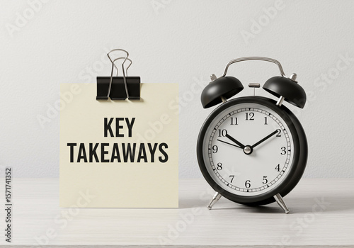 Key Takeaways Concept with a Note and an Alarm Clock for Important Summaries