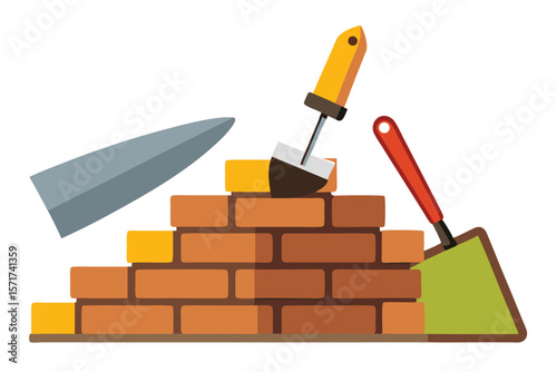 Building a Brick Wall with Trowels Construction Concept