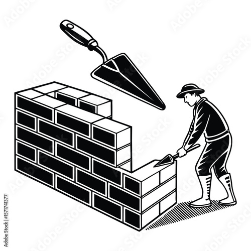 Vintage Bricklayer Illustration with Trowel and Brick Wall Construction in Monochrome Style