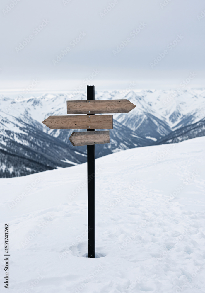 Naklejka premium A Blank Wooden Signpost Offering Choices in a Snowy Mountain Landscape
