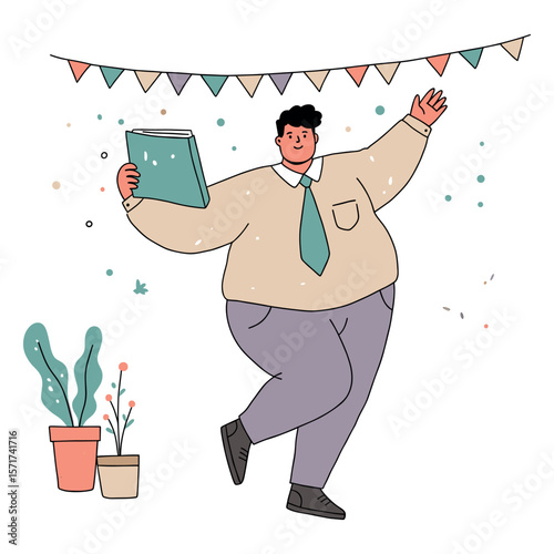 Plus-size teacher celebrating with a book and a joyful pose in a festive illustration