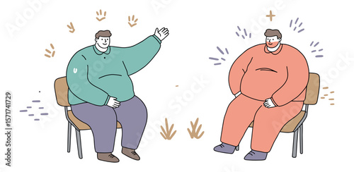 Two plus-size men engaging in conversation while sitting on chairs in a friendly illustration