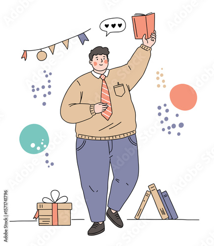 Plus-size teacher celebrating Teacher's Day with a book and a heartfelt expression