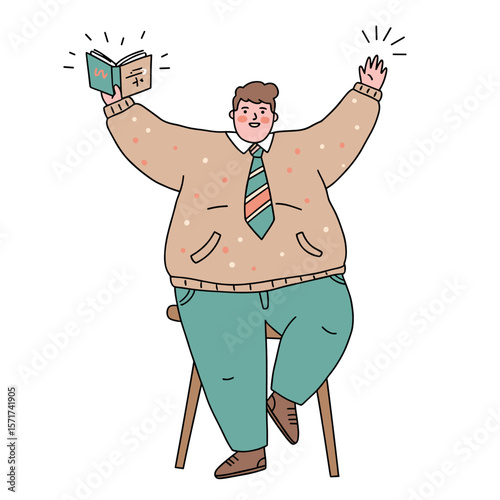 Plus-size literature teacher celebrating World Book Day with a book and joyful expression