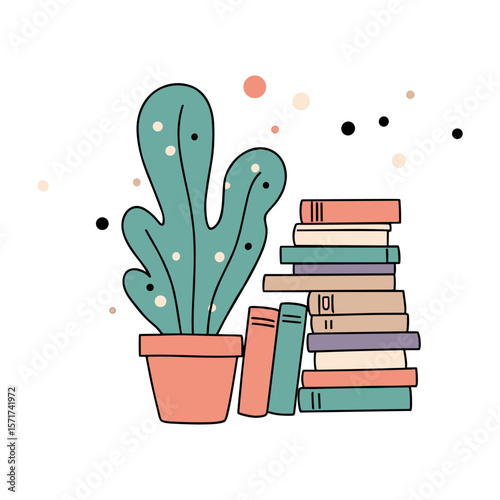 potted cactus and a stack of colorful books