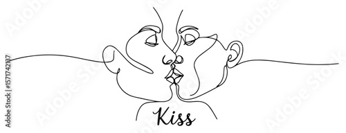 couple kissing one line vector illustration with modern abstract faces