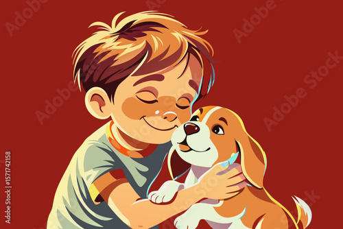 A little boy gently hugs a puppy to his chest, his face glowing with happiness