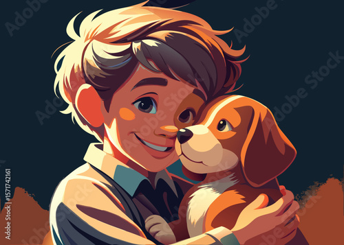 A little boy gently hugs a puppy to his chest, his face glowing with happiness