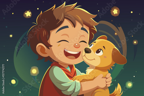 A little boy gently hugs a puppy to his chest, his face glowing with happiness