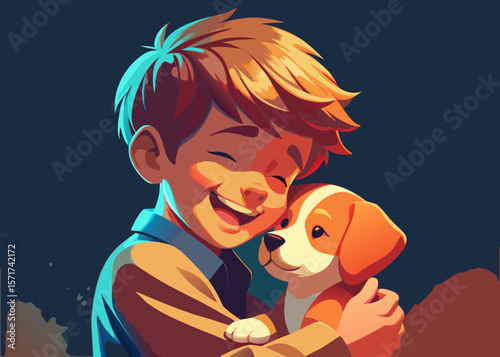 A little boy gently hugs a puppy to his chest, his face glowing with happiness