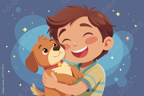 A little boy gently hugs a puppy to his chest, his face glowing with happiness