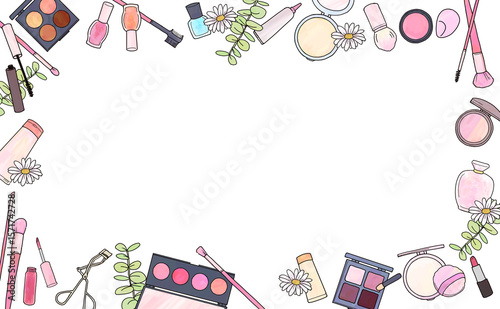 コスメと花のフレームイラスト