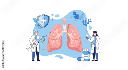 Adobe Illustrator vector flat style illustration of doctors examining lungs affected by viruses with a magnifying glass and stethoscope, representing respiratory health and viral infections