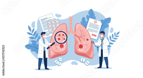 Adobe Illustrator vector flat style illustration of doctors examining lungs affected by viruses with a magnifying glass and stethoscope, representing respiratory health and viral infections