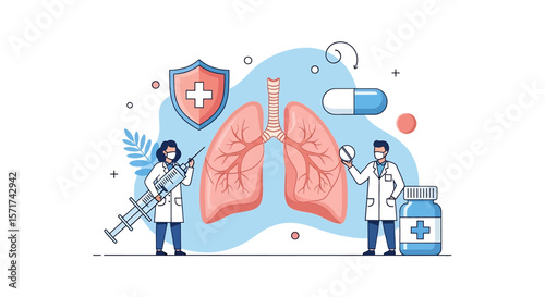 Adobe Illustrator vector flat style illustration of doctors examining lungs affected by viruses with a magnifying glass and stethoscope, representing respiratory health and viral infections