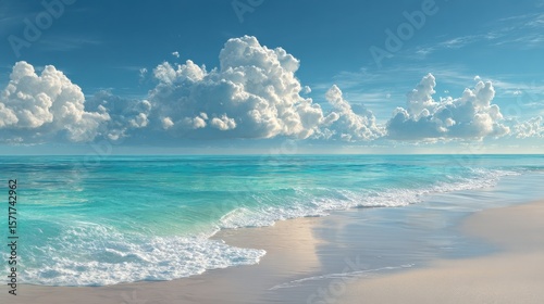 Tranquil sandy beach with vibrant turquoise sky and fluffy white clouds creating a serene coastal atmosphere for relaxation and escape