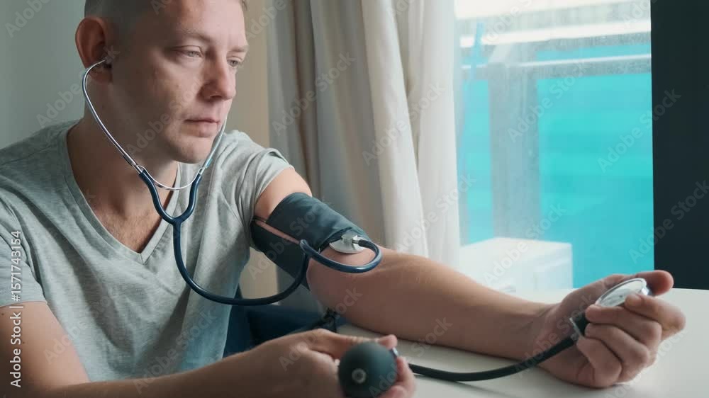 Man checking blood pressure manually with sphygmomanometer and stethoscope while sitting at home. Managing hypertension, heart health and general wellness. Regular self health monitoring