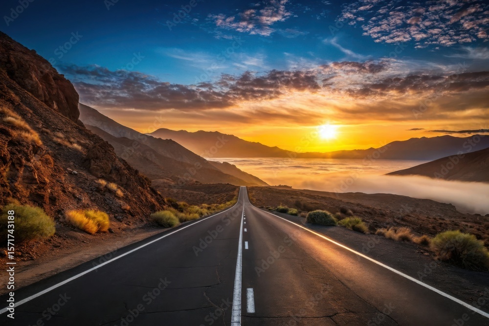 Naklejka premium Scenic mountain road leads to a breathtaking sunrise above the clouds