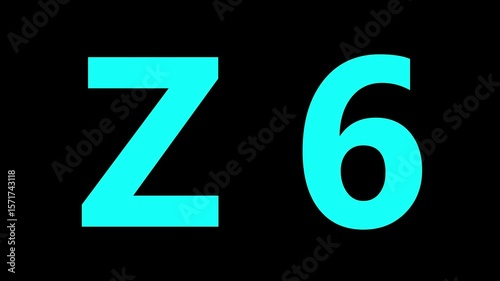 Glowing letter Z 6 , glowing neon font, Z 6 alphabet symbol . Seamless looping alphabet animation on black background.