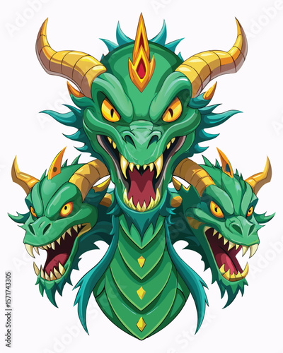 Three Headed Dragon of Emerald Scales Fantasy Creature Cartoon Illustration