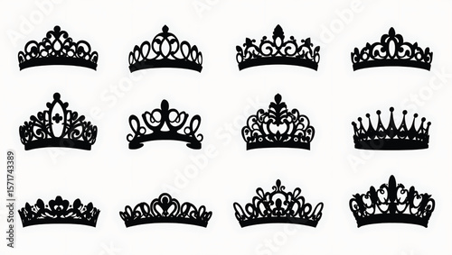 Collection of ornate black tiaras with intricate designs and varying styles crown